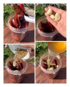 Step-by-step images of making enchilada roja sauce, adding soaked chiles, garlic cloves, spices, and chicken broth into a blender.