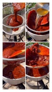 Images demonstrating the process of straining enchilada roja sauce through a sieve, adding broth, and achieving a smooth, rich texture.