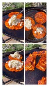Step-by-step images showing corn tortillas dipped in enchilada roja sauce being cooked, filled generously with cheese, then folded into enchiladas.