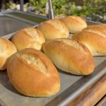 Freshly baked golden bolillos on a pan with crisp crust and traditional torpedo shape.